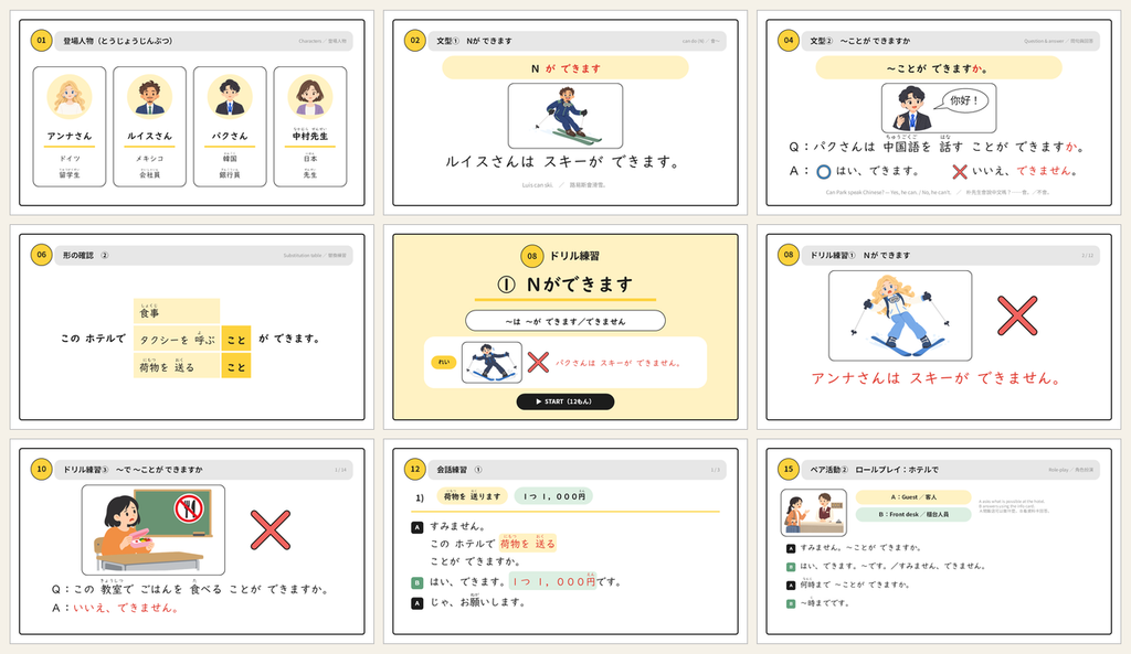 Claudeで作ったスライドの一覧。登場人物、文型導入、形の確認、ドリル練習、会話練習、ペア活動の9枚