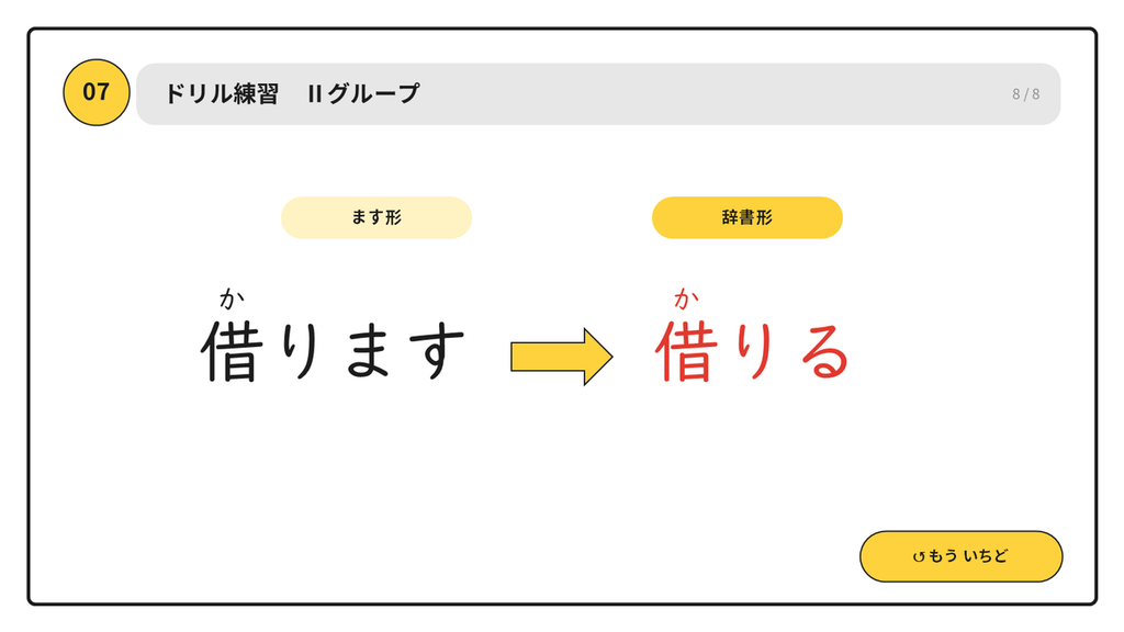 最後の問題のスライド。右下に「もう いちど」と書いた黄色いボタンがある